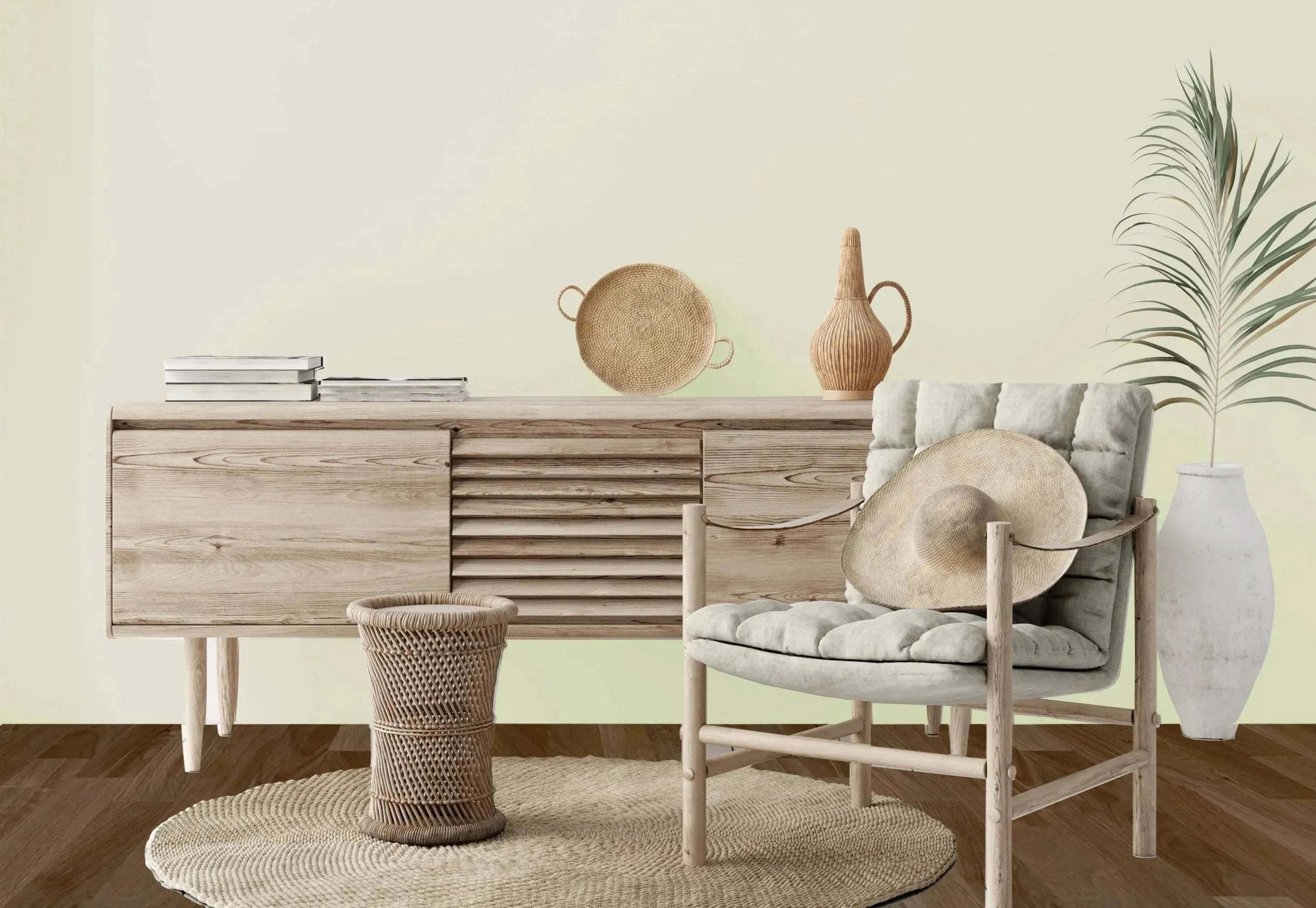 Wabi-Sabi Möbel & Accessoires: beruhigende minimalistische Gestaltung aus Holz, Leinen und Keramik, natürliche Materialien, unperfekter Charme.