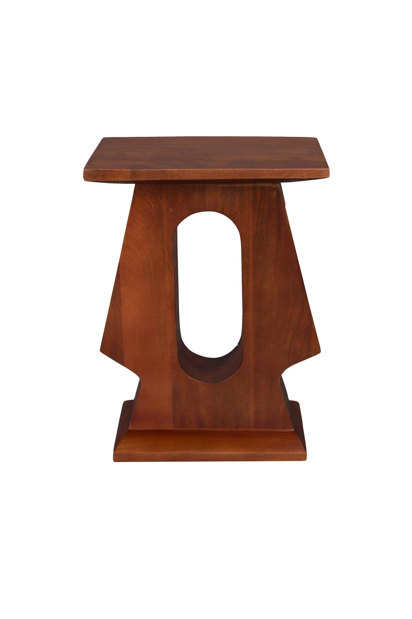 Eleganter Beistelltisch aus massivem Mangoholz mit walnussfarbenem Finish, inspiriert von 50er Jahre Vintage-Design.