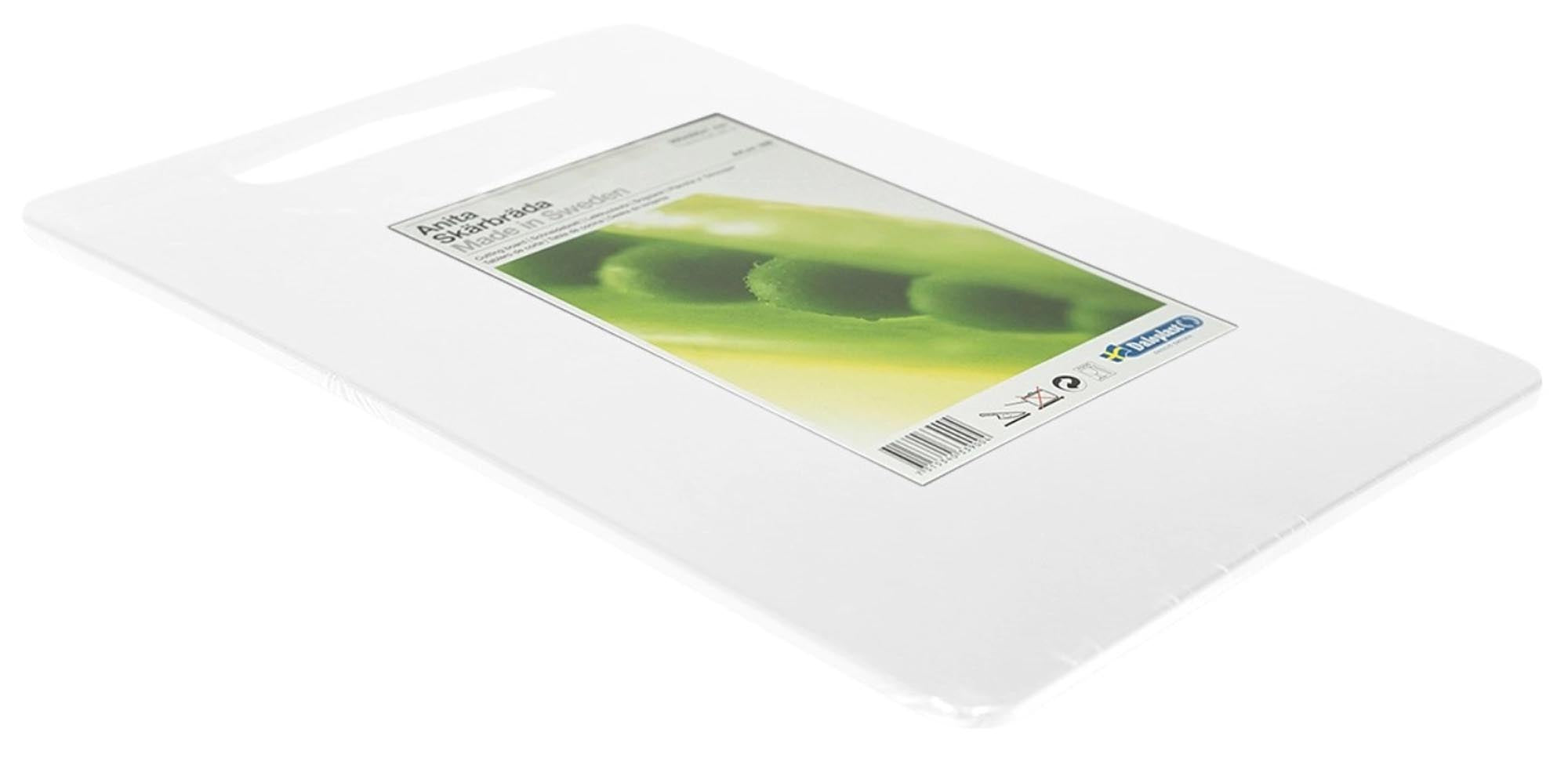 Schneidebrett Anita 35x25cm, transparentweiss, mit Griffloch. Robust, hygienisch, spülmaschinenfest. Ideal für Gemüse, Fleisch, Brot.