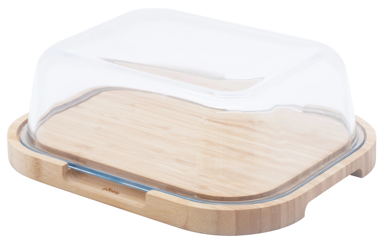 Entdecken Sie die stilvolle Pebbly Käsebox mit Glasdeckel und Bambus-Brett. Ideal für Käseliebhaber, bietet Platz für Delikatessen und bewahrt Frische.