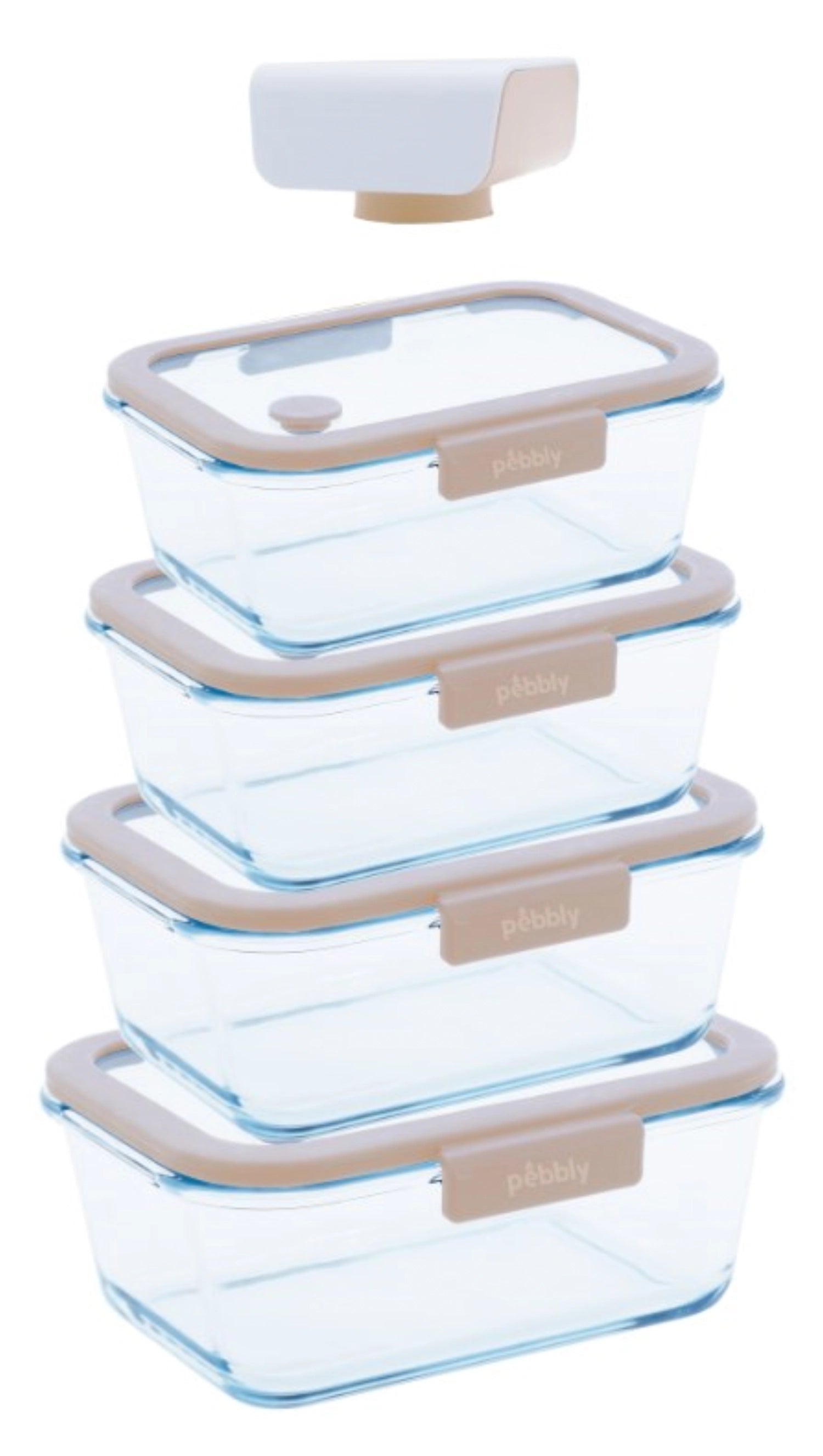 Praktisches 5er Set Pebbly Vakuum Vorratsdosen aus Glas, ideal für die luftdichte Aufbewahrung von Lebensmitteln und zur Reduzierung von Abfall.