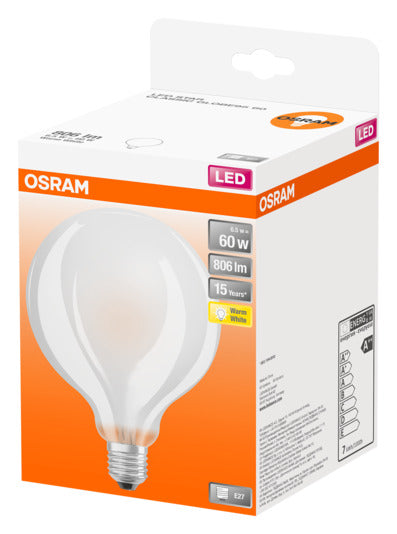 Entdecken Sie die OSRAM LED-Lampe Retrofit Classic Globe E27 6.5W 806lm in warmweiß. Energieeffizient, sofort hell und stilvoll für jedes Zuhause.
