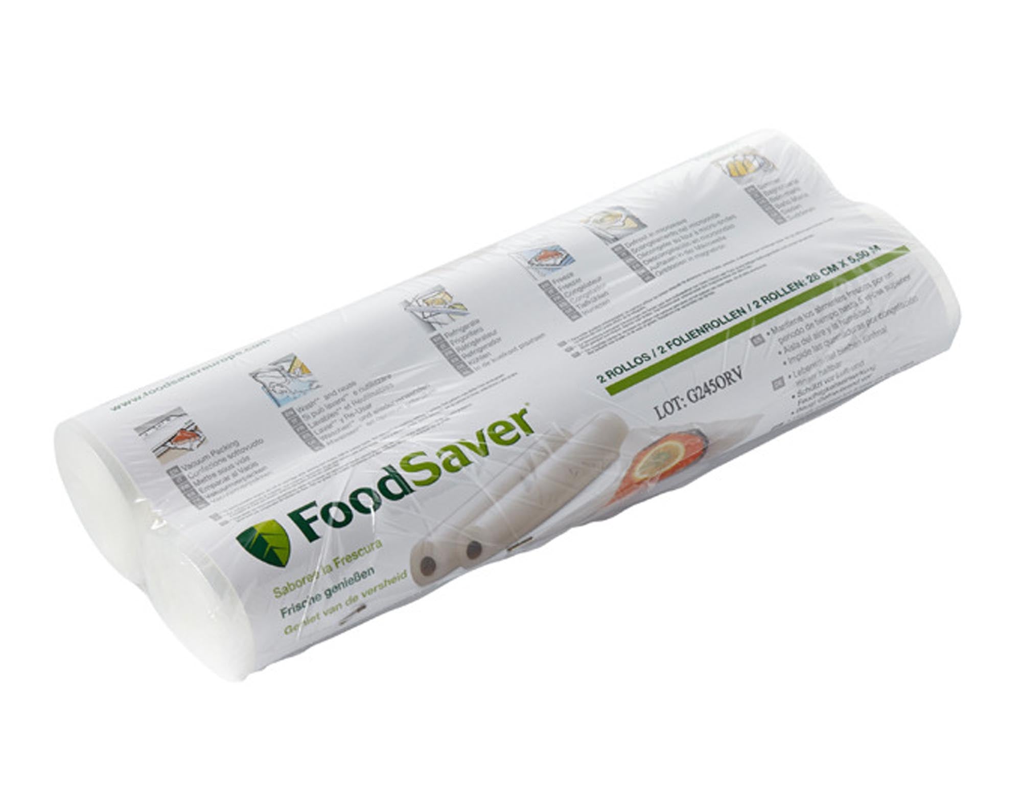 Entdecken Sie die FOODSAVER Vakuumierrollen (2 Stück, 0.28x5.5 m) für frische Lebensmittel, längere Haltbarkeit und nachhaltige Lagerung.
