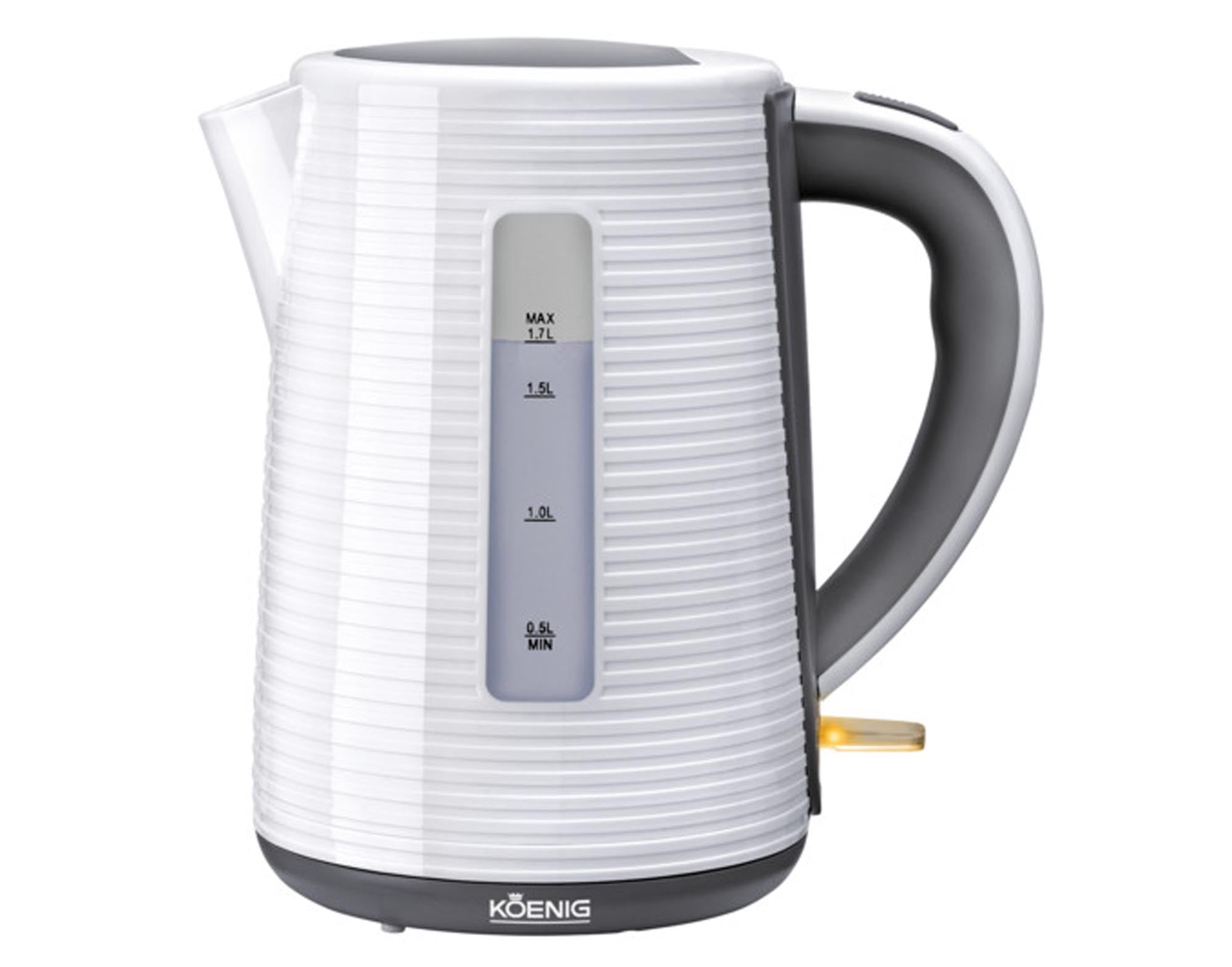 Entdecken Sie den KOENIG Wasserkocher Stripes 1.7 l: stilvoll, leistungsstark, aus Edelstahl, mit 2200 Watt Heizspirale und sicherem Überhitzungsschutz.