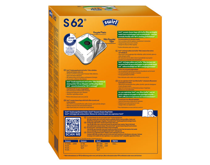 Entdecken Sie die SWIRL Staubsaugerbeutel S62 für Siemens und Bosch. Effiziente Reinigung, nachhaltiges Material und praktischer Dirtlock Staubverschluss.