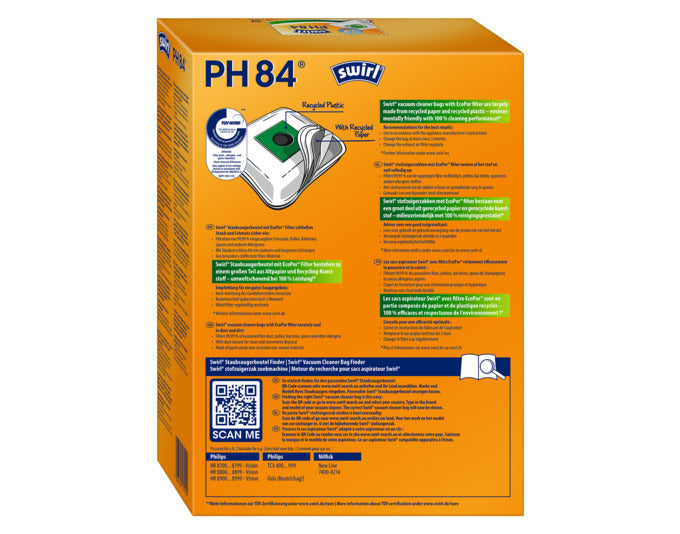 Entdecken Sie die umweltfreundlichen SWIRL Staubsäcke PH84 mit 99,99% Filtrationsleistung. Ideal für Allergiker und nachhaltig produziert.