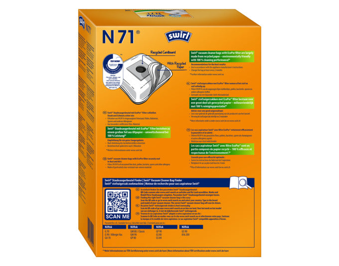 Entdecken Sie die umweltfreundlichen SWIRL Staubsäcke N71 mit EcoPor® Technologie für eine effektive und nachhaltige Reinigung Ihres Zuhauses.