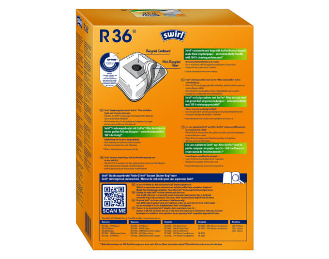 Entdecken Sie die umweltfreundlichen SWIRL® Staubsäcke R36 mit EcoPor® Technologie für eine effektive und allergikerfreundliche Reinigung.