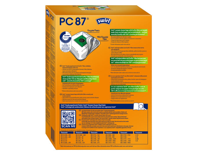 Entdecken Sie die umweltfreundlichen SWIRL Staubsäcke PC87 mit EcoPor® Technologie – für eine saubere und allergenfreie Raumluft in Ihrem Zuhause.