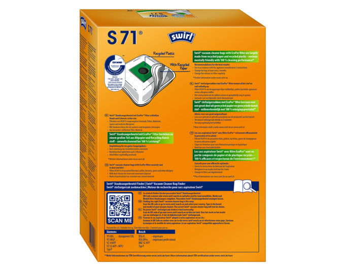 Entdecken Sie die umweltfreundlichen SWIRL Staubsäcke S71 mit EcoPor® Technologie. Hohe Filtrationsleistung und nachhaltige Materialien für ein sauberes Zuhause.