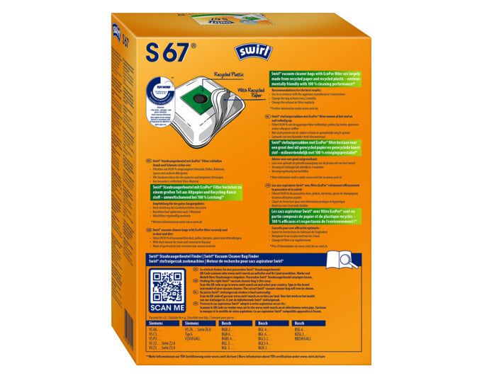 Entdecken Sie die SWIRL Staubsäcke S67 – ideal für Siemens und Bosch Staubsauger. Umweltfreundlich, reißfest und mit praktischem Dirtlock-Verschluss.
