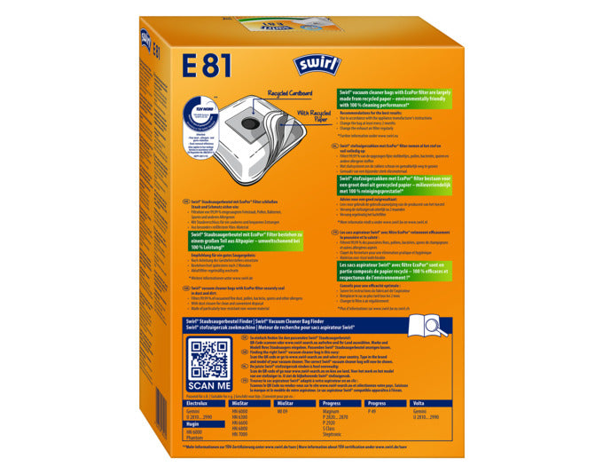 Entdecken Sie die umweltfreundlichen SWIRL Staubsäcke E81 mit EcoPor® Technologie für eine effektive und allergenfreie Reinigung.