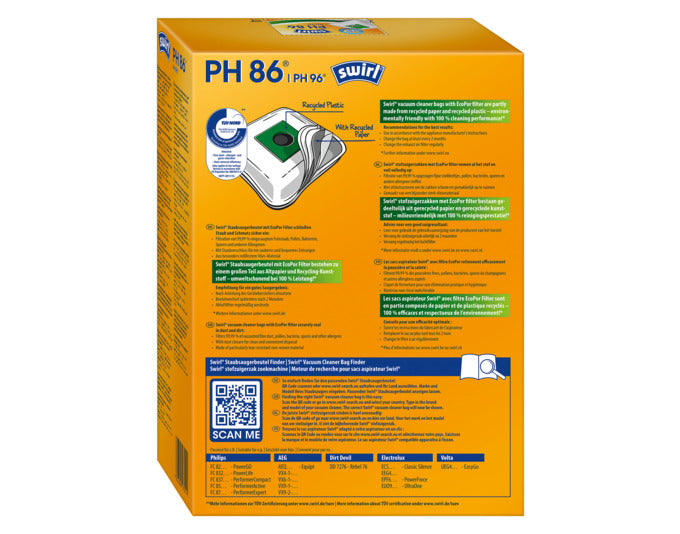 Entdecken Sie die umweltfreundlichen SWIRL Staubsäcke PH86 mit 99,99% Filtrationsleistung. Ideal für Allergiker und nachhaltige Reinigung!