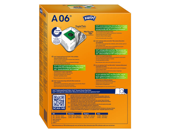 Entdecken Sie die umweltfreundlichen SWIRL Staubsäcke A06 mit EcoPor® Technologie für eine hygienische und allergenfreie Raumluft.