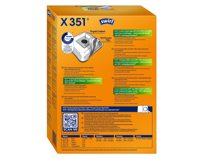 Entdecken Sie die umweltfreundlichen SWIRL Staubsäcke X351 mit 99,99% Filtrationsleistung. Ideal für Allergiker und nachhaltigen Haushalt!