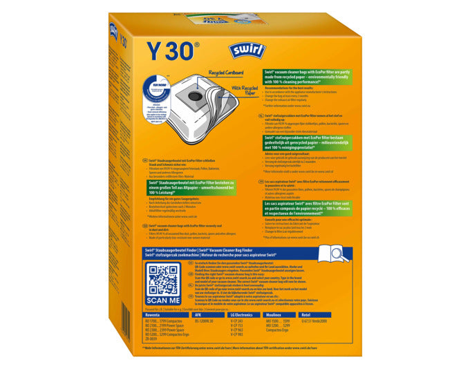 Entdecken Sie die umweltfreundlichen SWIRL® Staubsäcke Y30 mit EcoPor® Technologie für eine effektive und allergikerfreundliche Reinigung.
