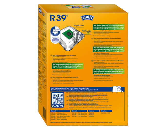 Entdecken Sie die umweltfreundlichen SWIRL Staubsäcke R39 mit EcoPor® Technologie für eine effektive und allergikerfreundliche Reinigung.