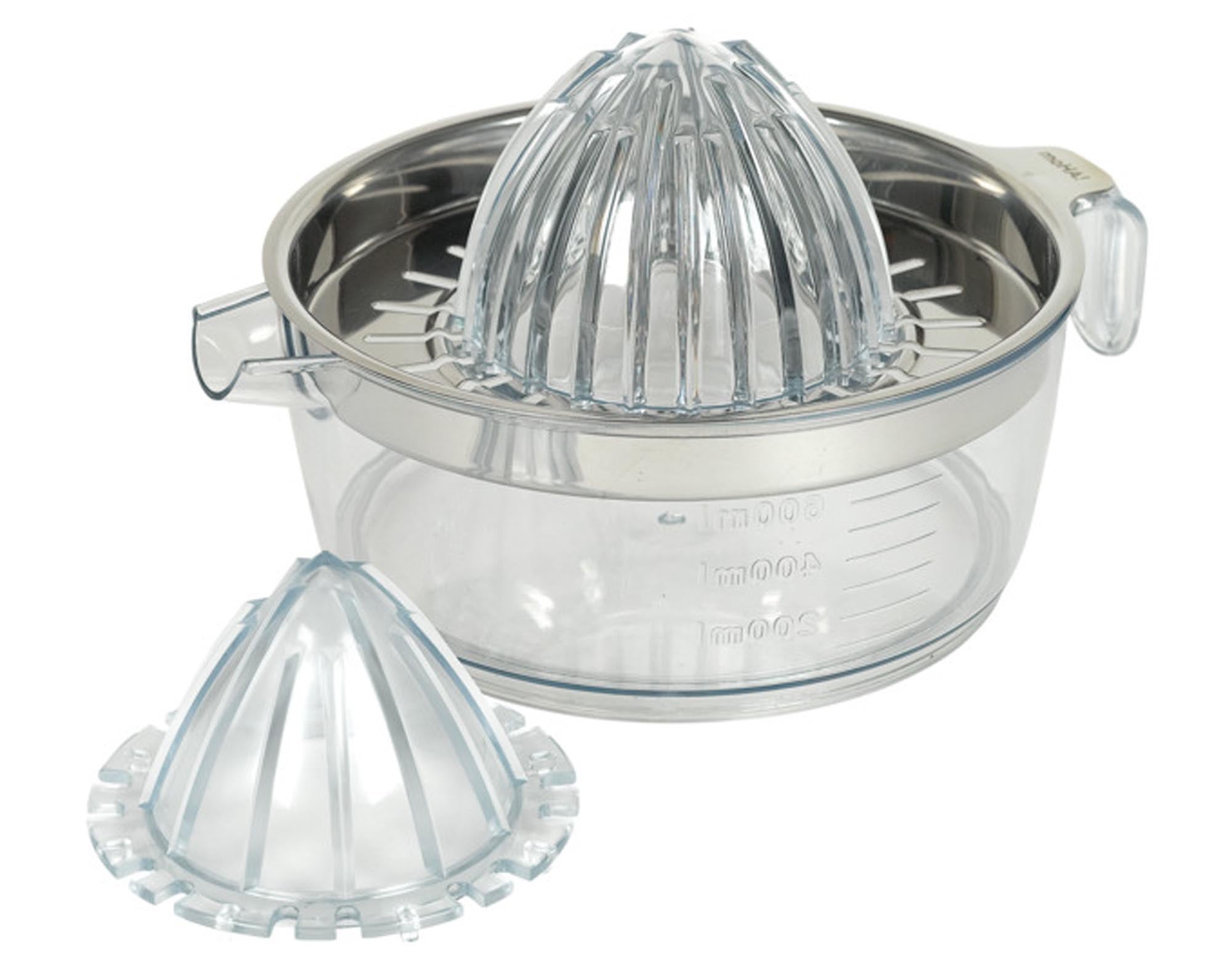 Entdecken Sie die MOHA Zitruspresse Citrus mit 600 ml Fassungsvermögen und 2 Kegeln für optimale Saftausbeute. Ideal für frische Säfte!