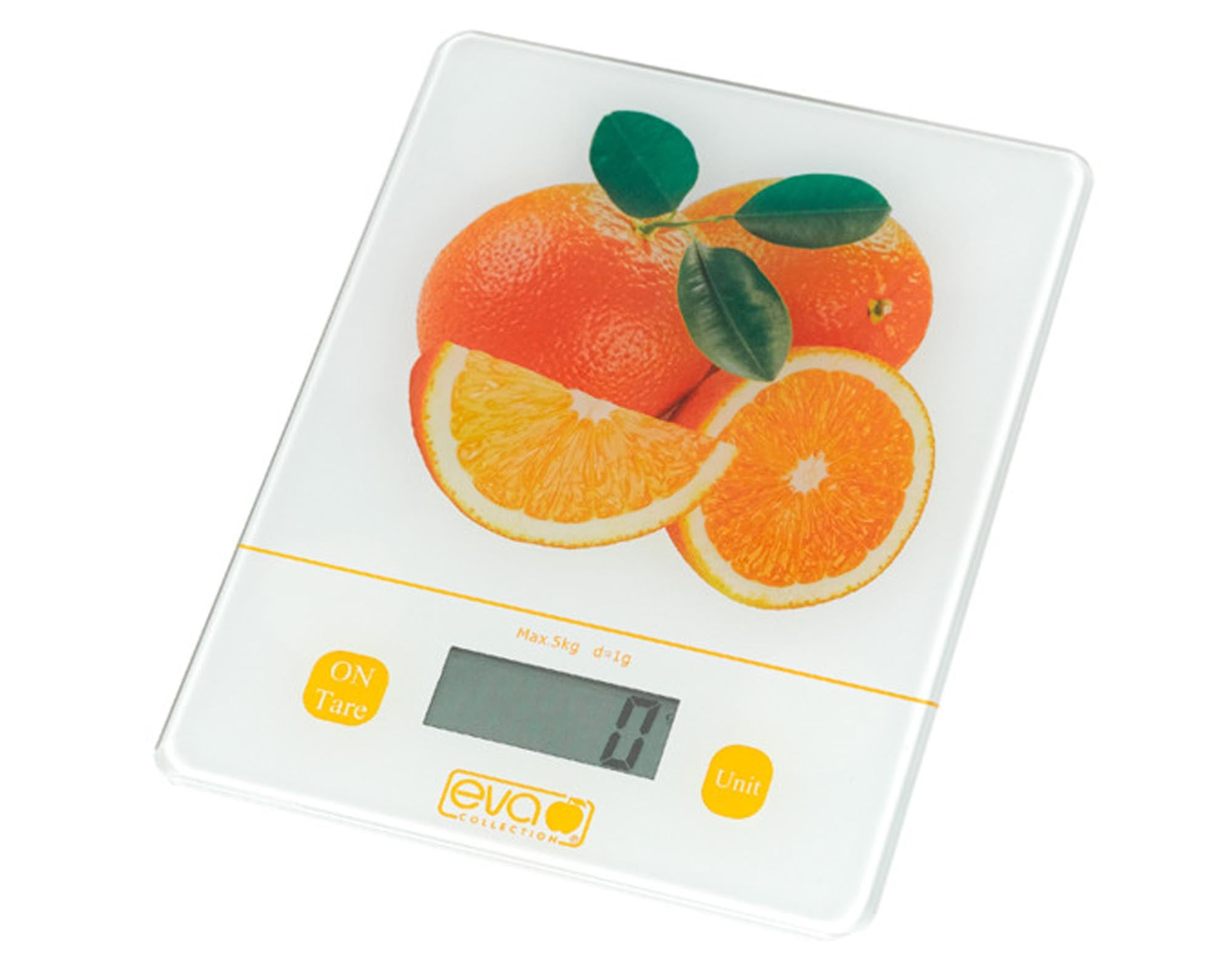 Entdecken Sie die digitale Küchenwaage Orange von EVA COLLECTION. Präzise, kompakt und stilvoll – ideal zum Wiegen von Zutaten bis 5 kg.