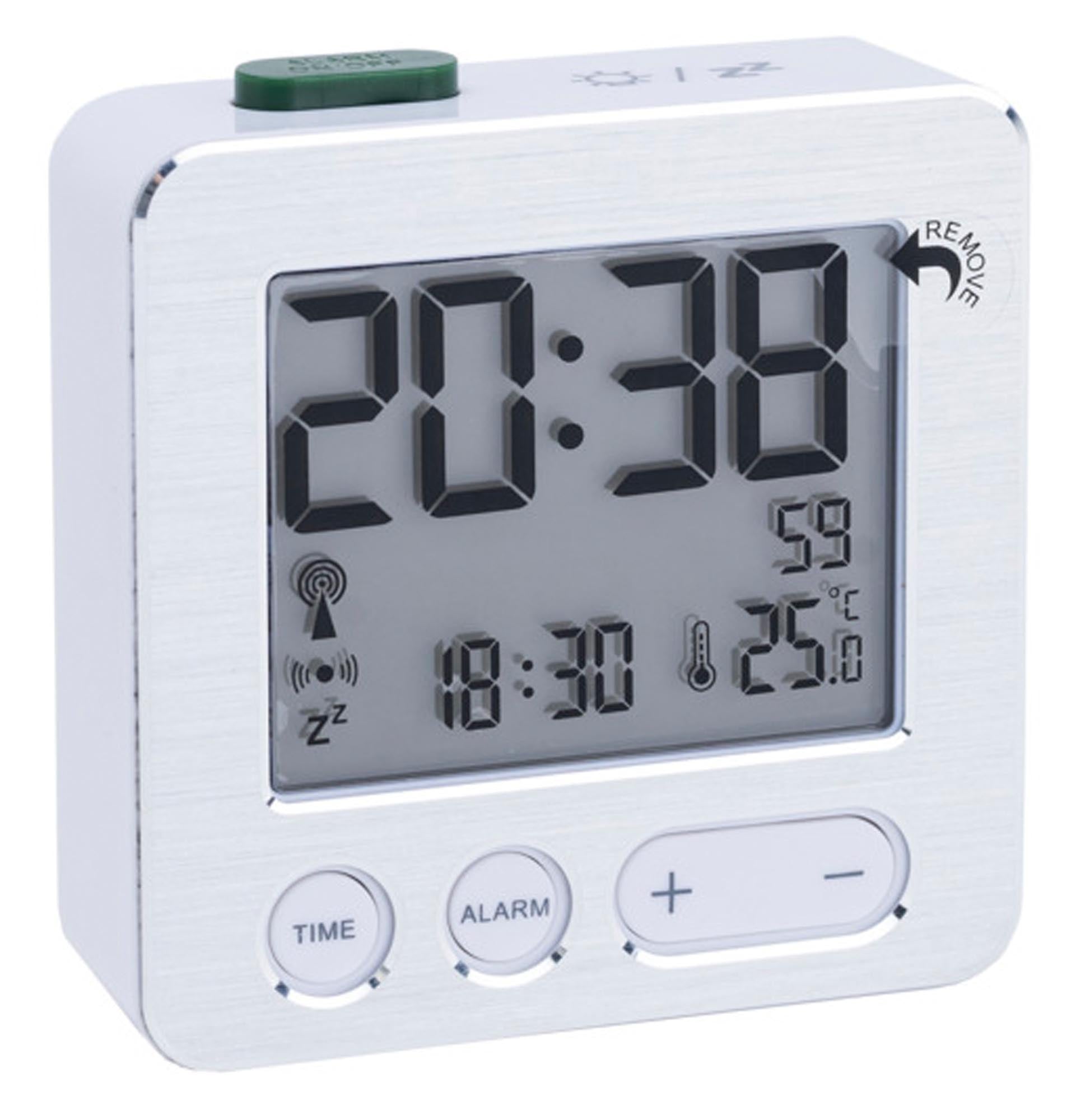 TFA Funk-Wecker mit Temperaturanzeige in Silber: Präzise Zeit- und Temperaturmessung, elegantes Design, Snooze-Funktion. Ideal für Schlafzimmer und Büro.