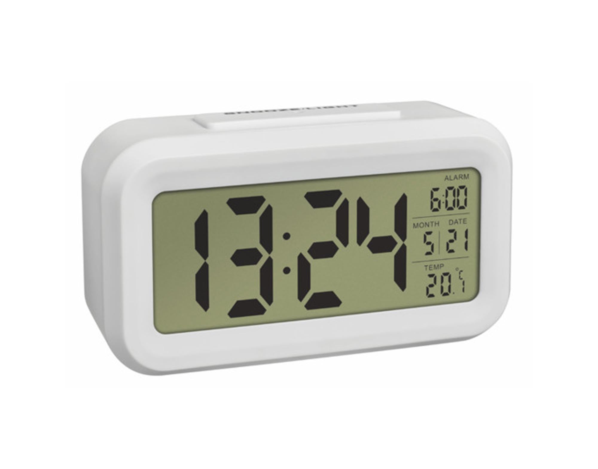 Entdecken Sie den TFA Wecker Lumio digital in Weiß: modernes Design, große LCD-Anzeige, Temperaturanzeige, Weckalarm mit Snooze-Funktion.