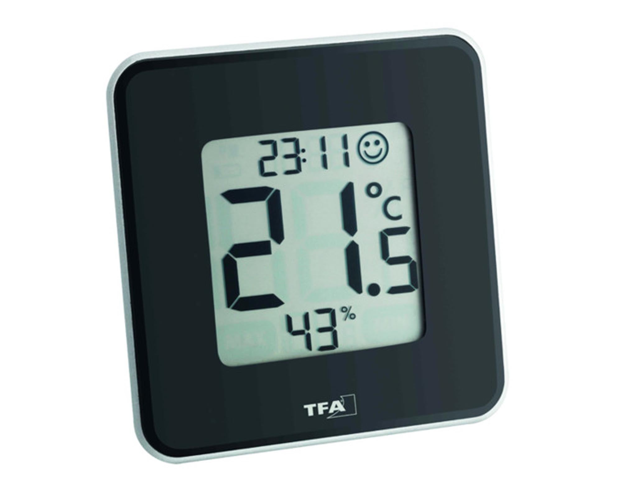 Entdecken Sie das TFA digitale Thermo-Hygrometer in Schwarz (10,5 cm) für präzise Temperatur- und Luftfeuchtigkeitsmessungen. Ideal für ein gesundes Raumklima!