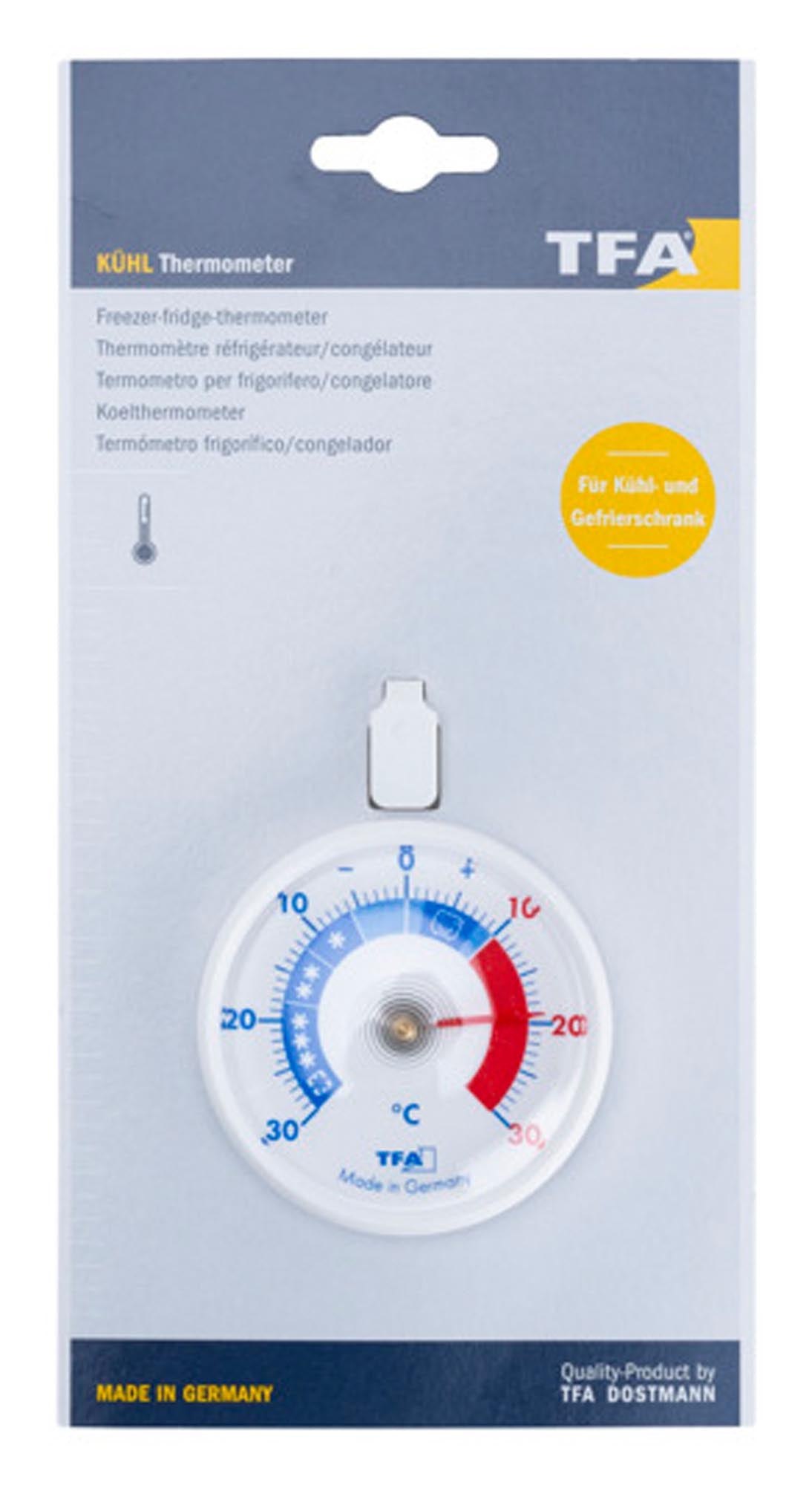 Präzises TFA Kühlthermometer ø 7.2 cm: Robust, gut lesbar, ideal für sichere Lebensmittelaufbewahrung in Kühlschränken.