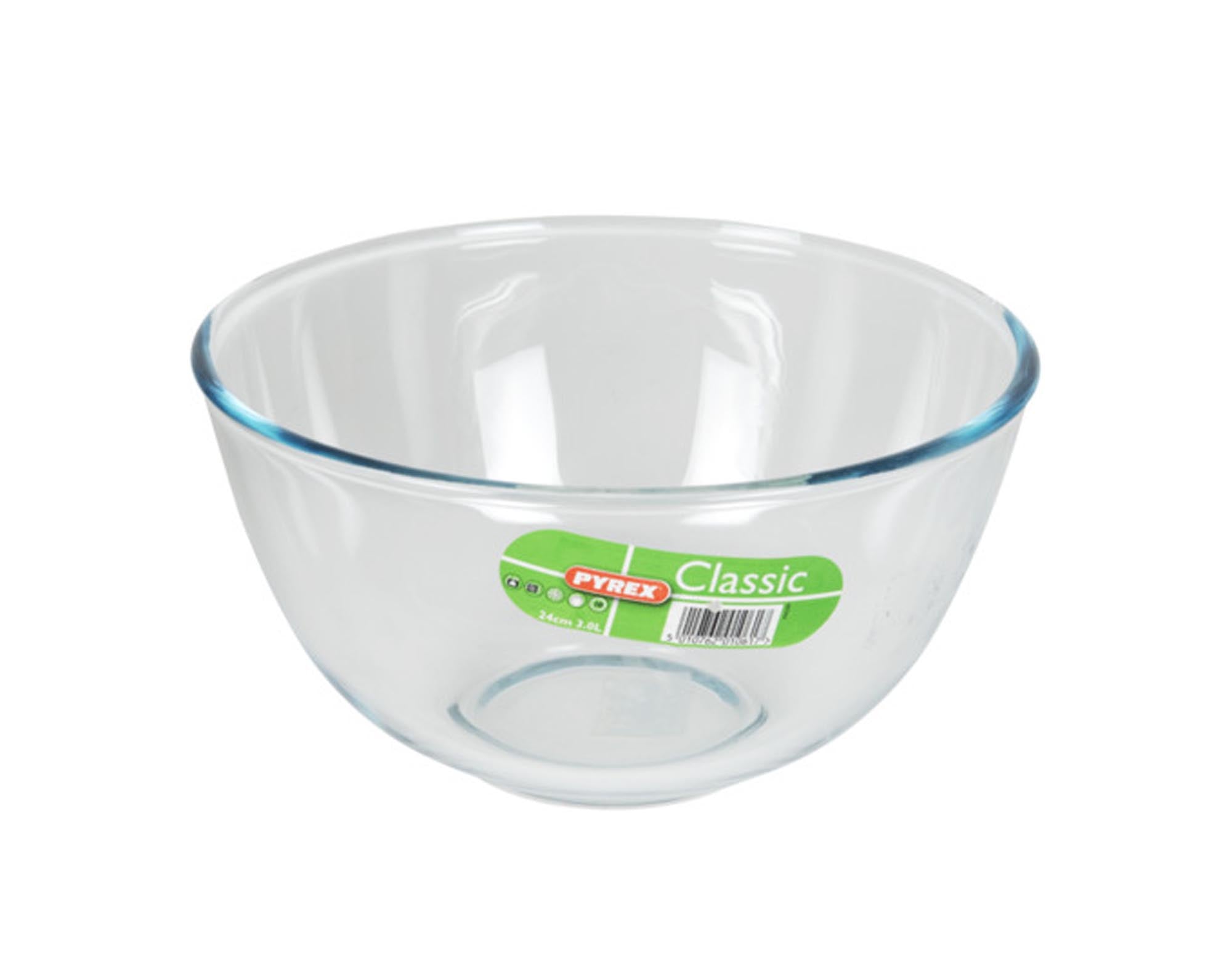 Entdecken Sie die PYREX Teigschüssel aus Glas (3 l, 24 cm) – ideal zum Mischen von Teigen, hitzebeständig, spülmaschinenfest und kratzfest.