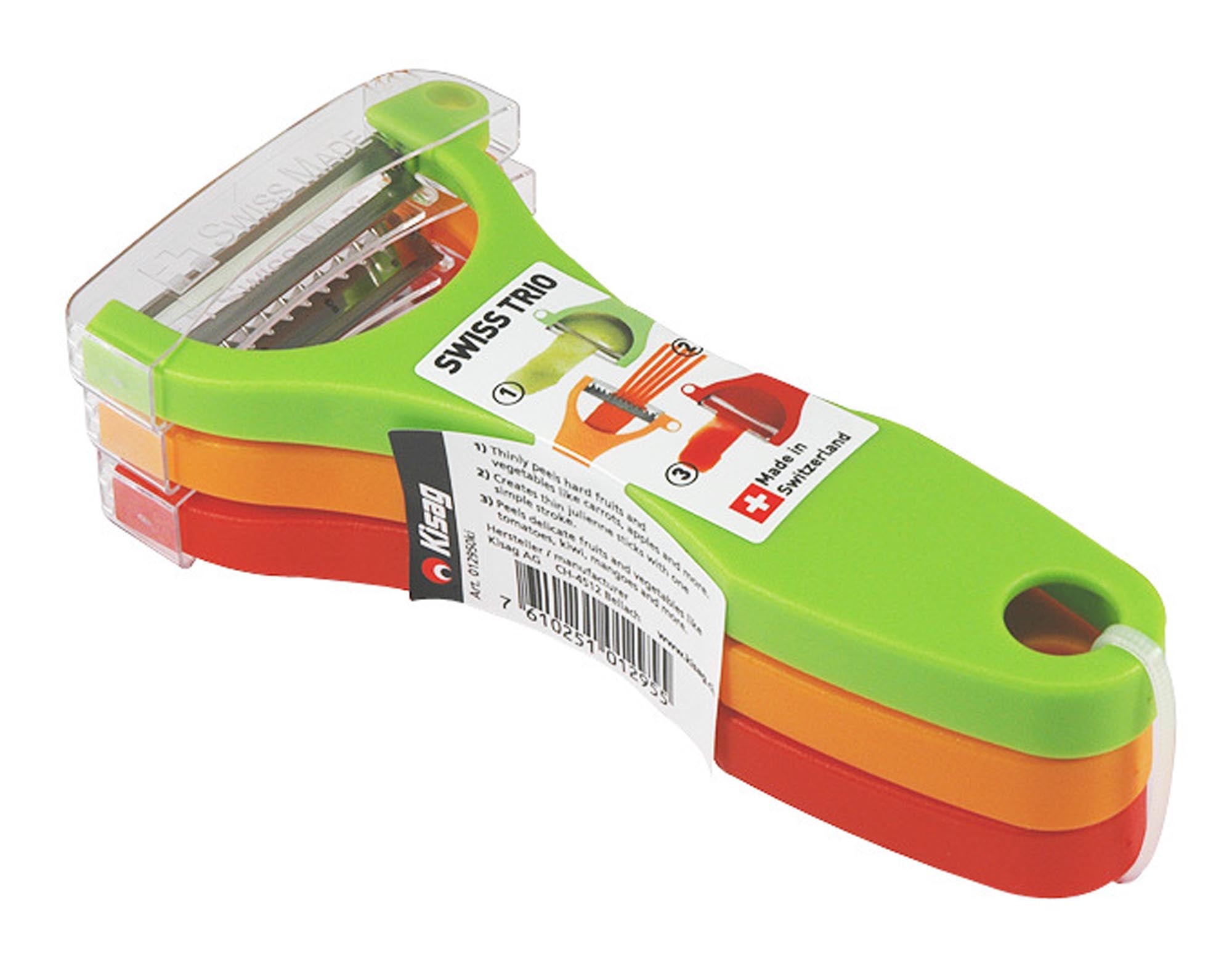 Entdecken Sie das KISAG Sparschäler Trio Set: ergonomisch, rostfreier Edelstahl, vielseitig für Obst und Gemüse. Perfekte Küchenhelfer!