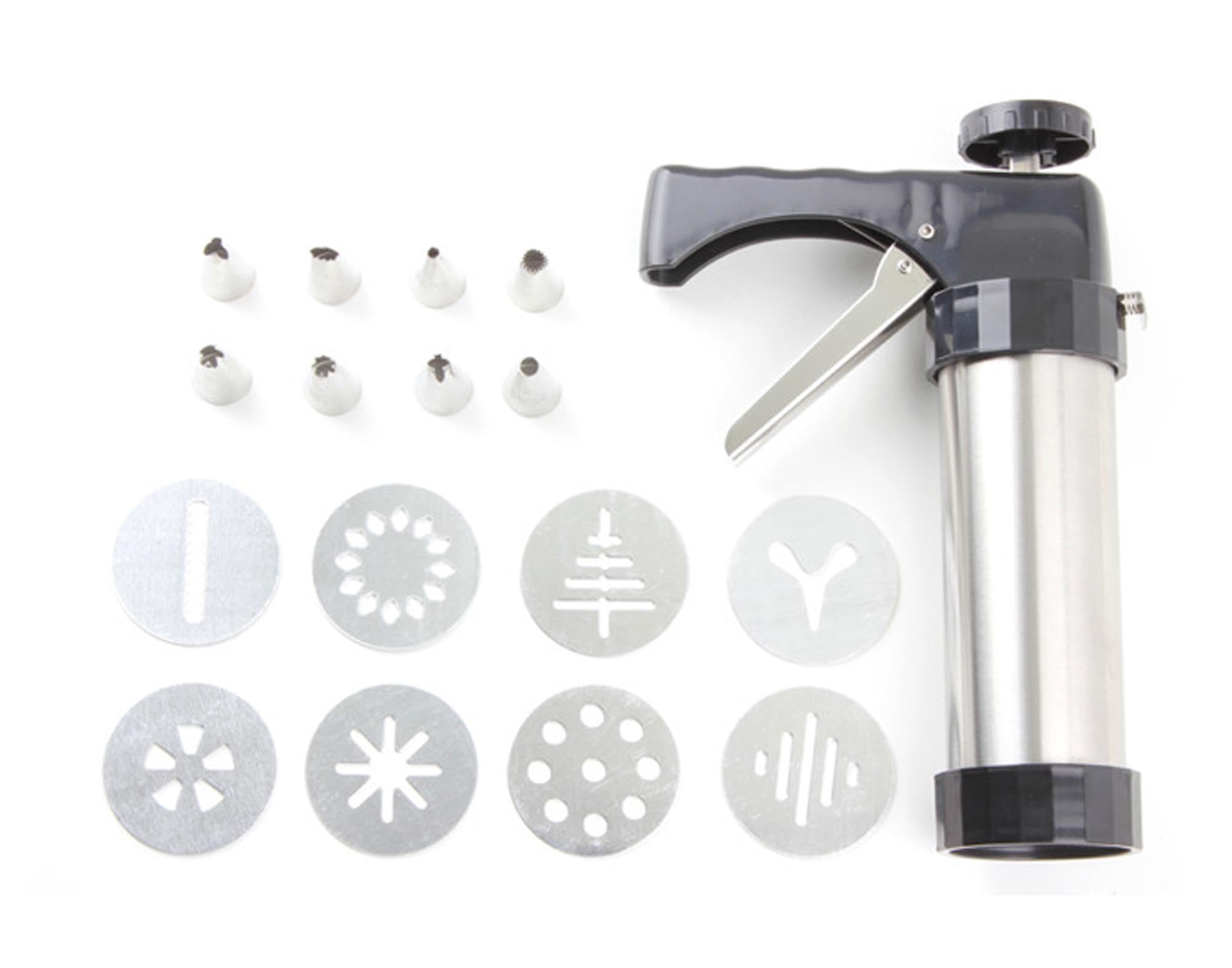 Edelstahl-Gebäckpresse mit 17 Aufsätzen für kreative Plätzchen. Ergonomisch, langlebig, spülmaschinenfest.