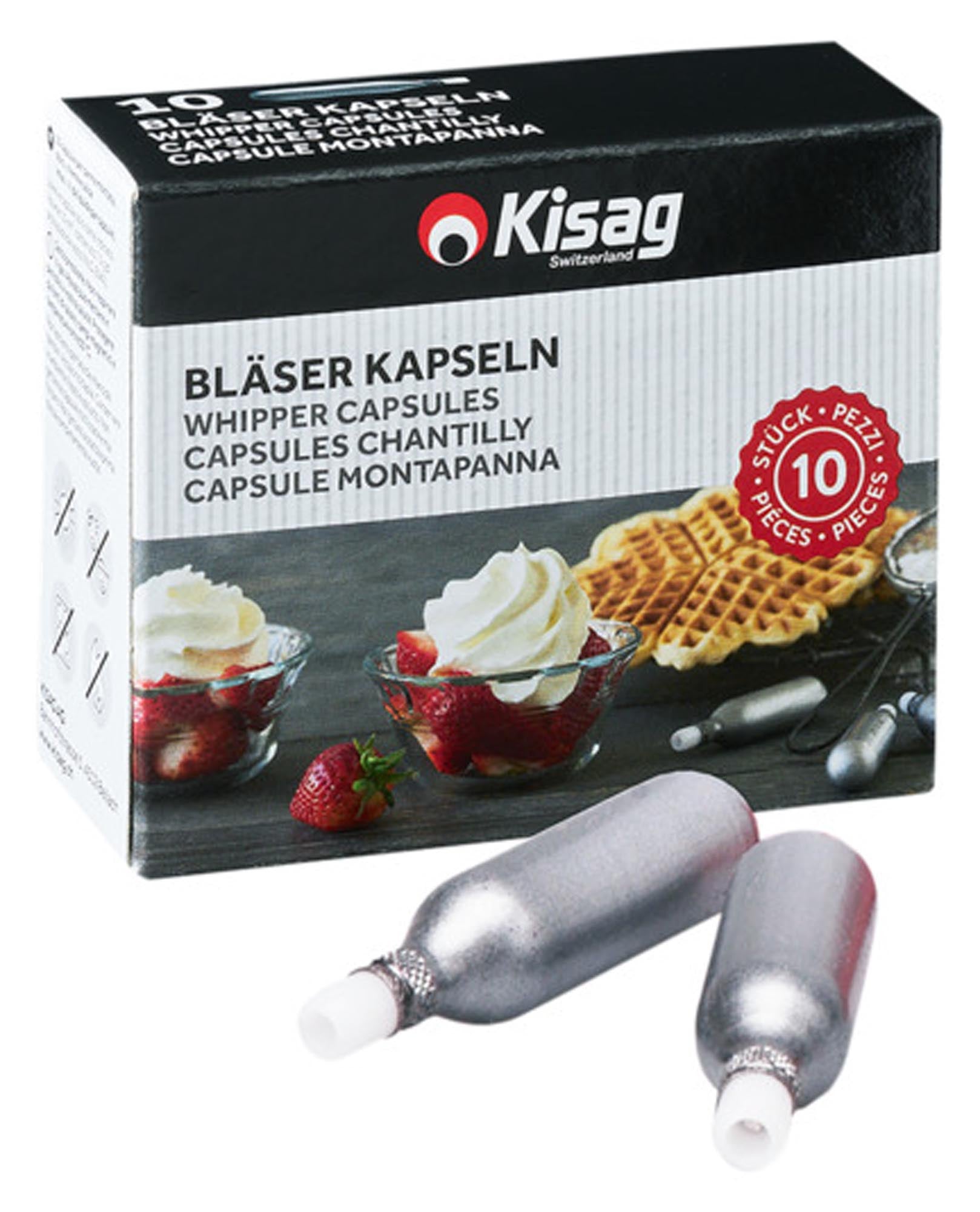 Entdecken Sie die KISAG N2O Kapseln (10 Stück) für perfekte, luftige Sahne. Ideal für Desserts und Torten, umweltfreundlich und professionell.