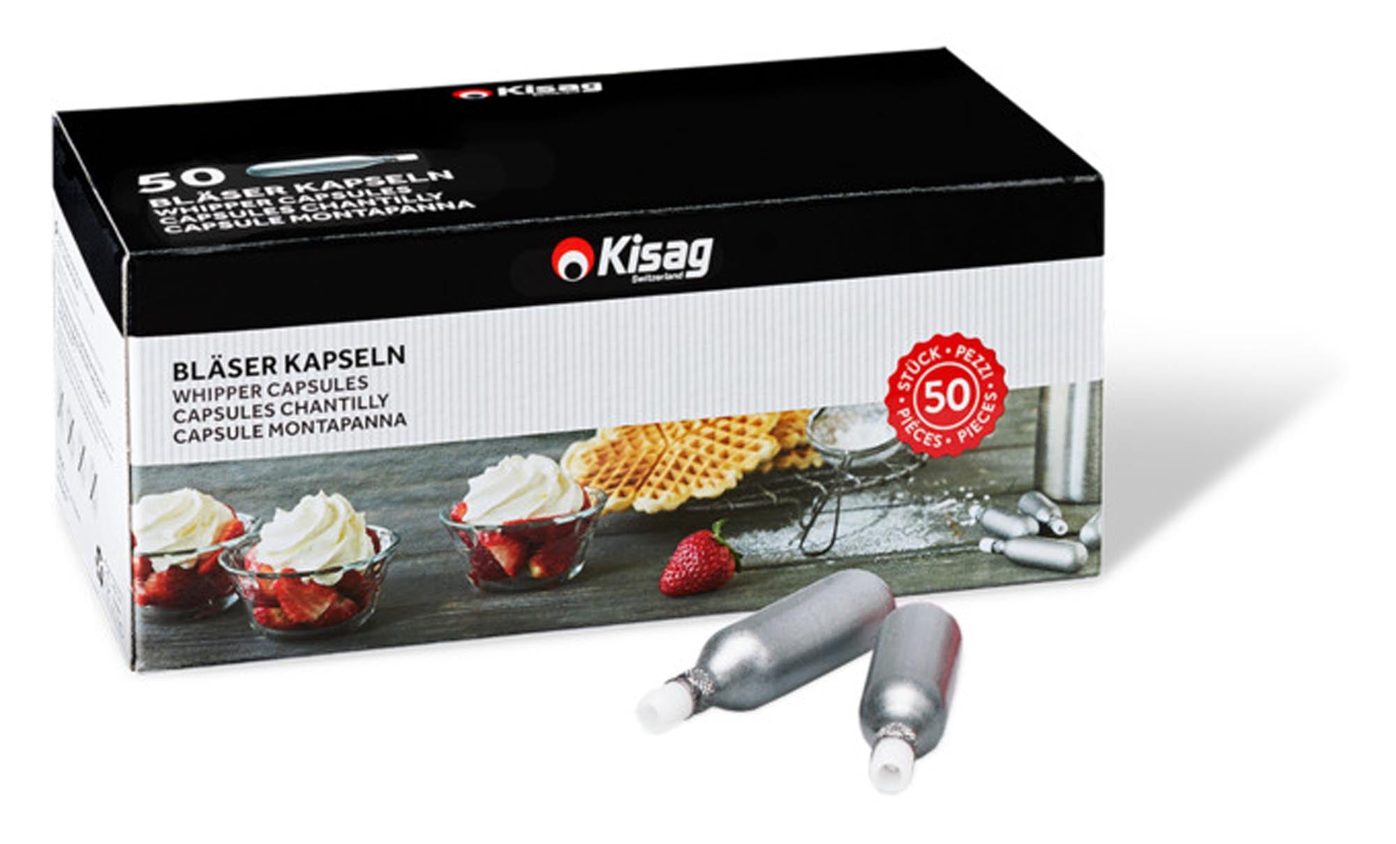 KISAG N2O Kapseln für Sahne und Desserts. 50 Stück, langlebig, sicher, ideal für Gastronomie und Zuhause. Perfekte Ergebnisse garantiert!