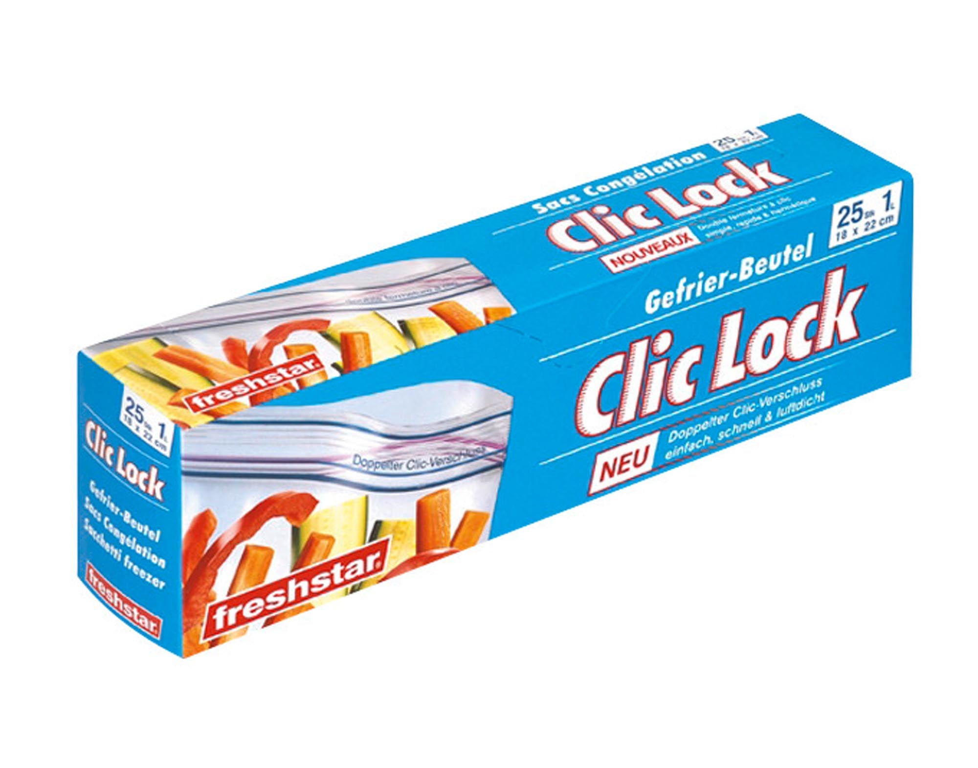 FRESHSTAR Gefrierbeutel Clic Lock 25 Stück 1 l: luftdicht, hygienisch, wiederverwendbar – ideal für frische Lebensmittel und Aufbewahrung.