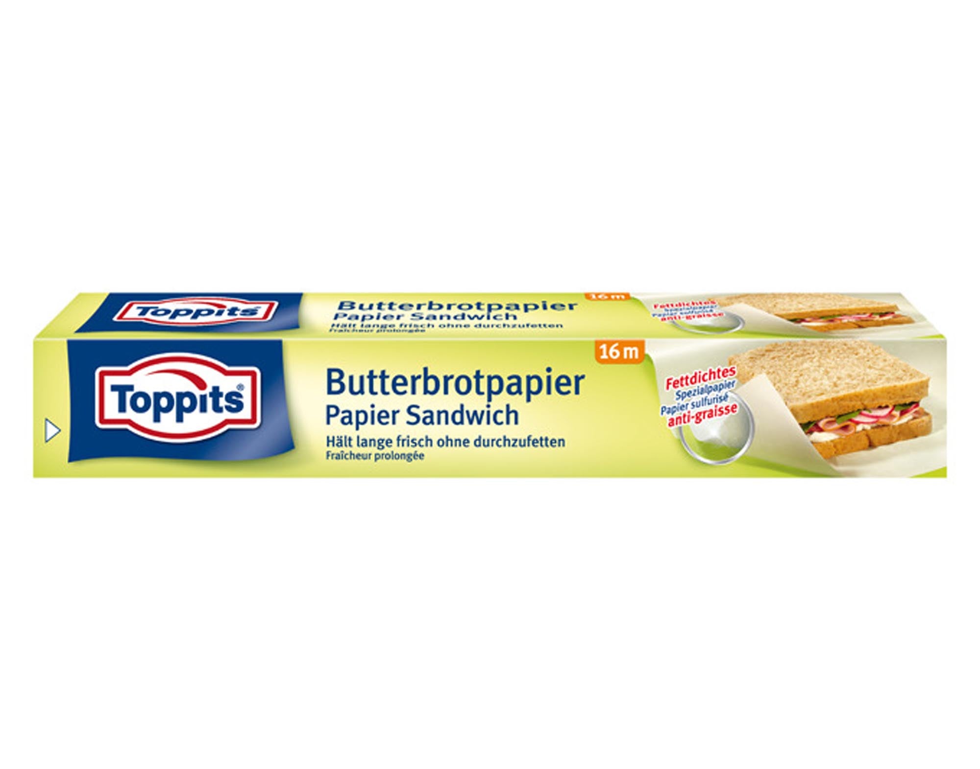 TOPPITS Butterbrotpapier: 16m hochwertiges, wasserabweisendes Wachspapier. Ideal für frische Lebensmittel, umweltfreundlich und vielseitig.