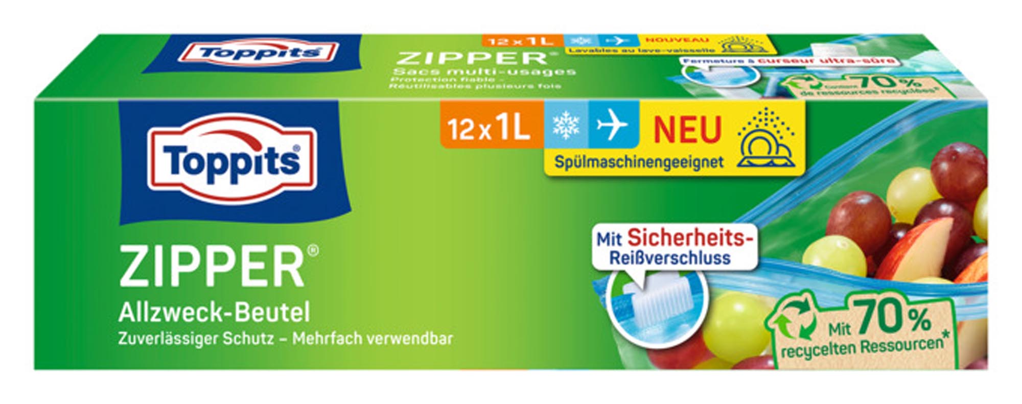 Die TOPPITS Allzweckbeutel Zipper 1 l sind perfekte Küchenhelfer für die Lebensmittelaufbewahrung, Meal-Preps und mehr. Wiederverwendbar und umweltfreundlich!