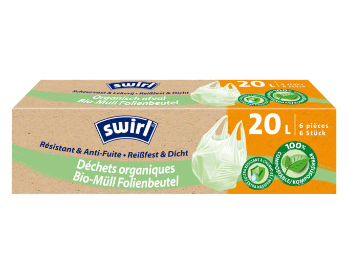 Entsorgen Sie organische Abfälle nachhaltig mit den 20 l SWIRL Bio-Müll-Folienbeuteln. Reißfest, kompostierbar und ideal für den Alltag!