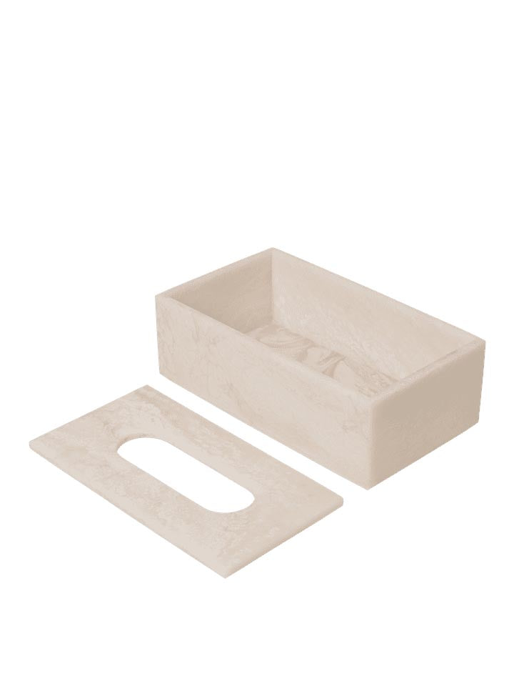 Stilvolle Mist Taschentuchbox von Ferm Living: Robustes, marmoriertes Resin vereint Funktionalität und modernes Design für Ihr Badezimmer.