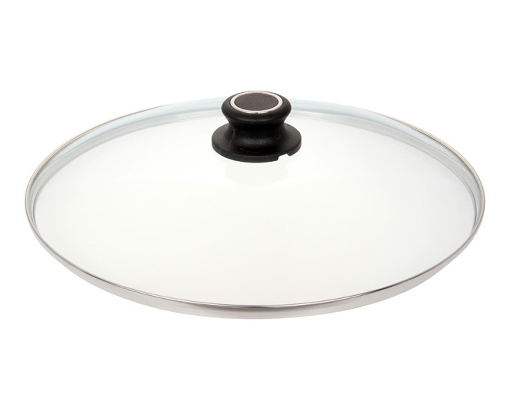 LOTUS Glasdeckel ø 18 cm: Hitzebeständiges Glas, Edelstahlrand, passt auf Standard-Töpfe, einfache Reinigung, mit Dampfauslass.