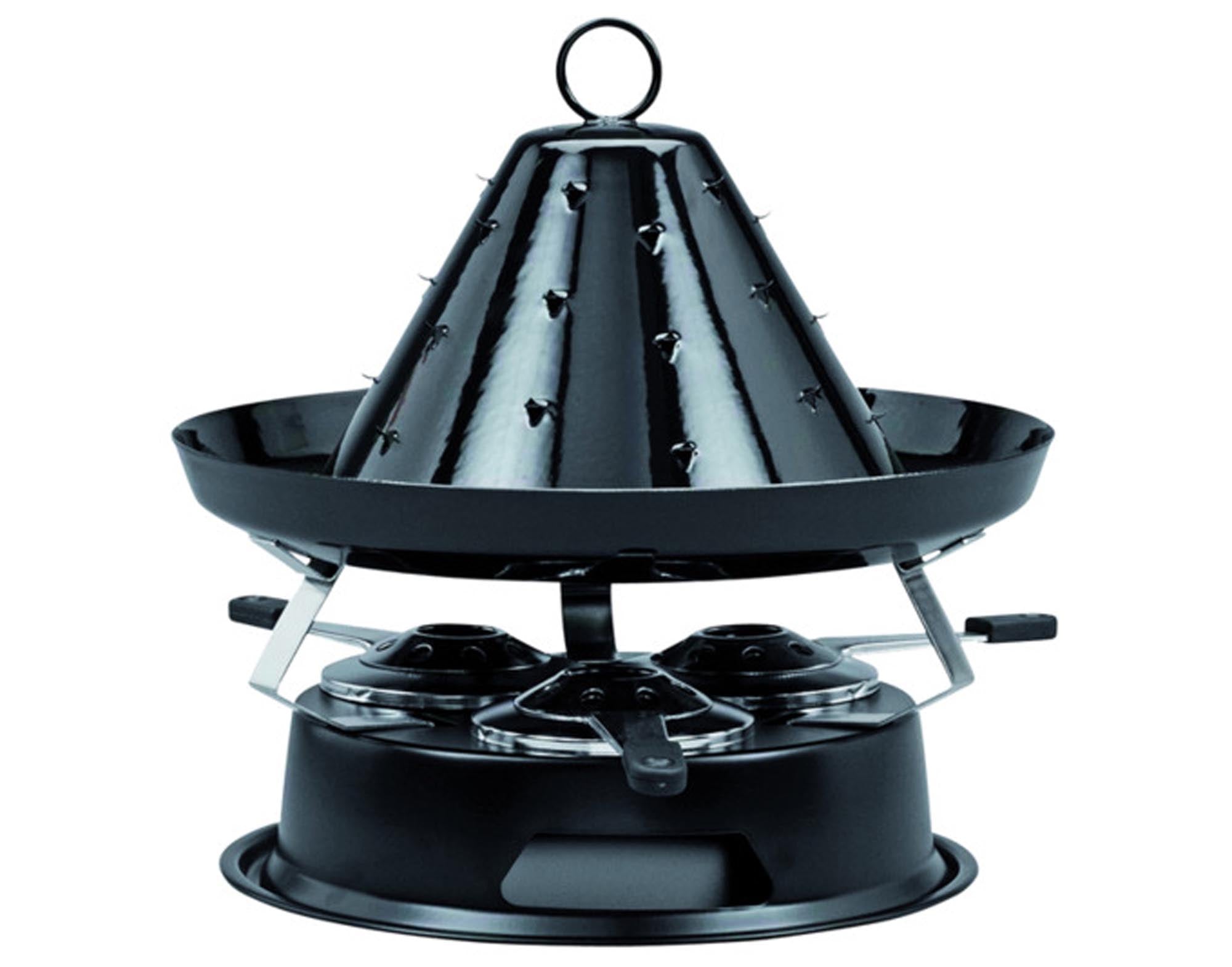 Entdecken Sie den TTM Tatarenhut Familia: umweltfreundliches Raclette-Gerät aus Gusseisen und Holz für gesellige Abende im Freien.