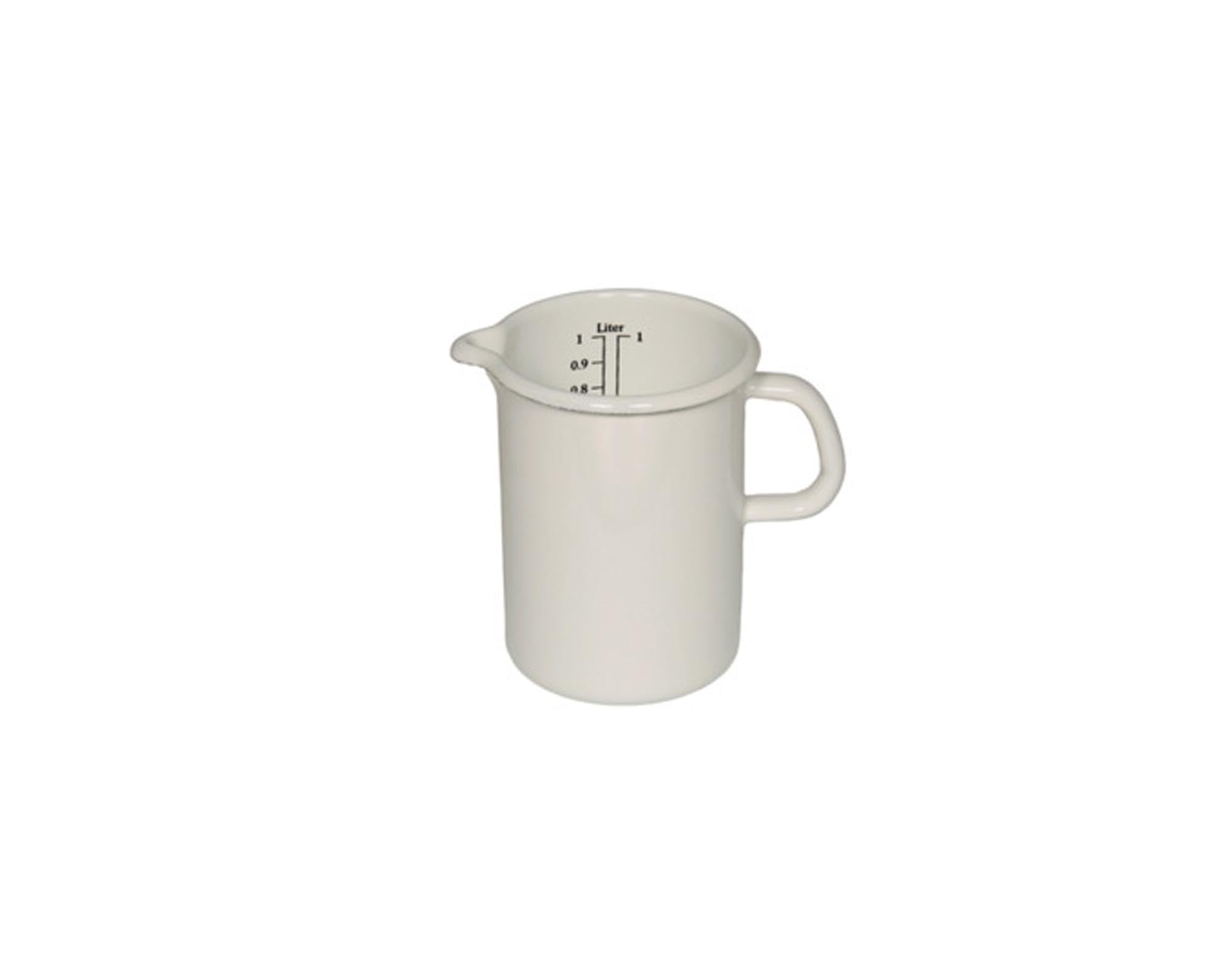 Eleganter, weisser Emaille-Messbecher von RIESS, 0,5 l, ø 9 cm, robust, langlebig, hitzebeständig, leicht zu reinigen.