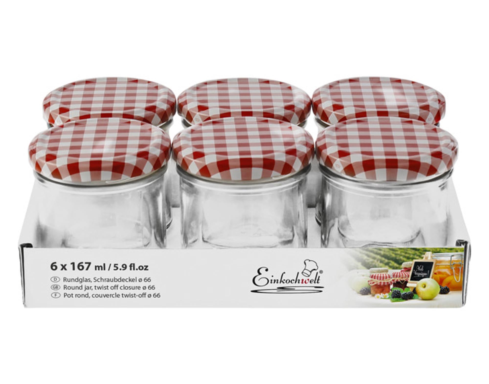 Entdecken Sie die EINKOCHWELT karierten Gläser mit Deckel (6 Stück, 167 ml) für stilvolle und sichere Aufbewahrung von Lebensmitteln.