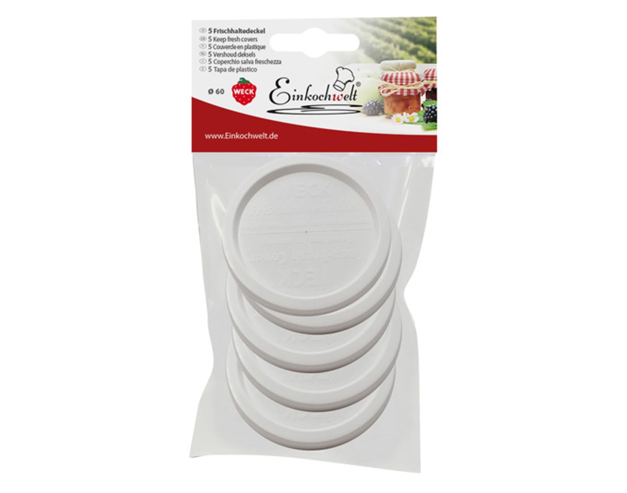 Entdecken Sie die WECK Frischhaltedeckel (5 Stück, ø 60 mm) – die perfekte, umweltfreundliche Lösung für luftdichte Aufbewahrung von Lebensmitteln in Einmachgläsern.
