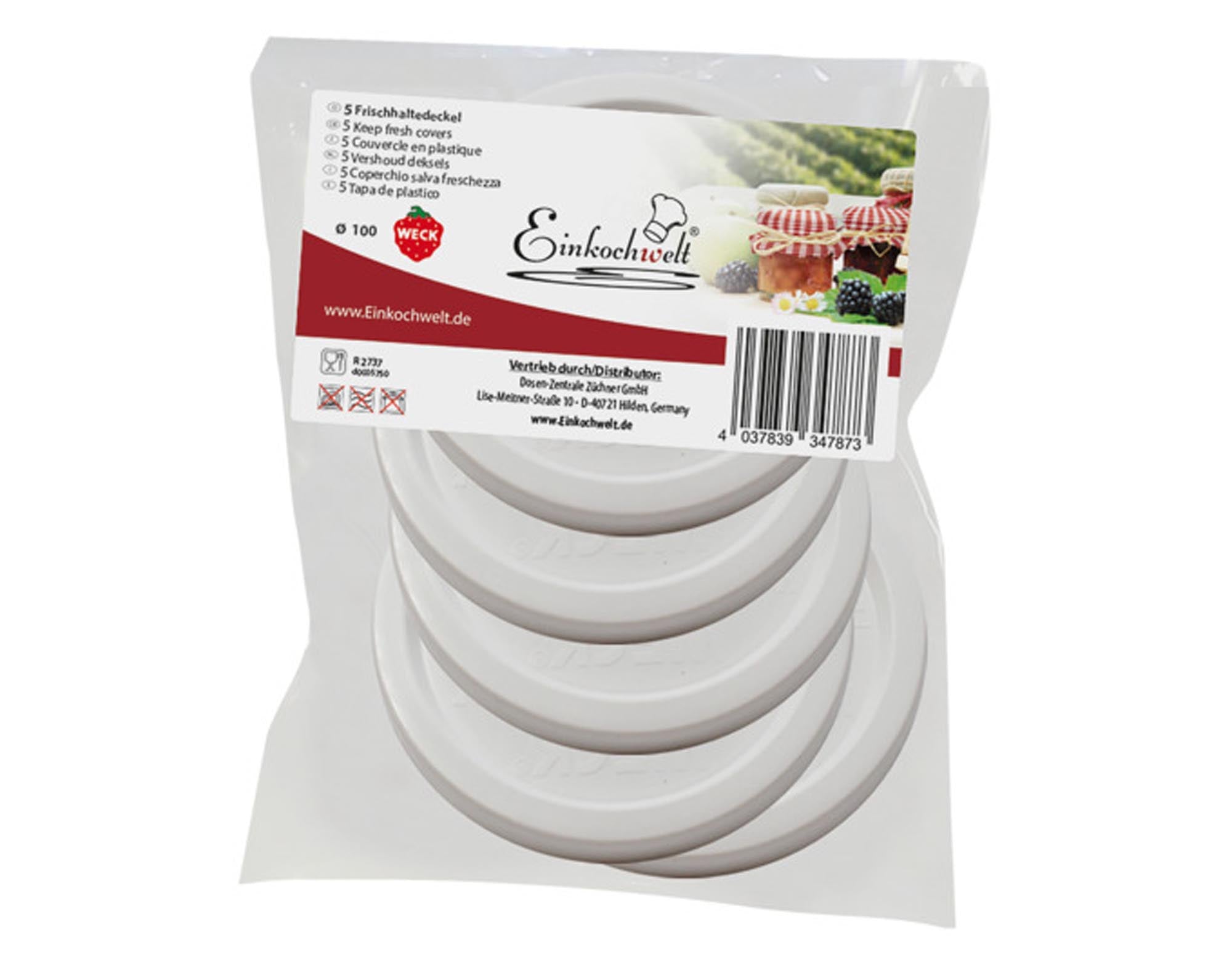 Entdecken Sie die WECK Frischhaltedeckel (5 Stück, ø 100 mm) für luftdichte Aufbewahrung. Ideal für Einmachgläser, BPA-frei, robust und umweltfreundlich.