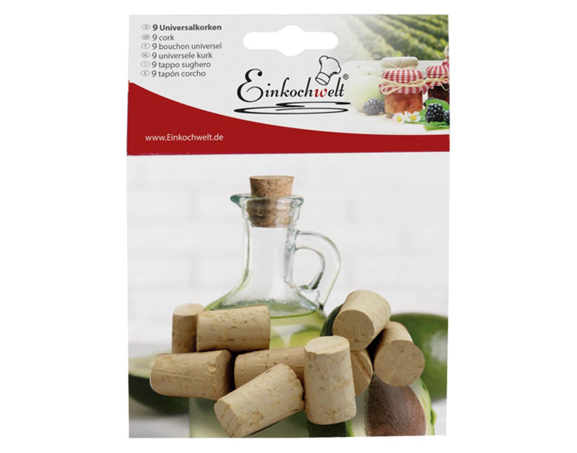 Entdecken Sie das EINKOCHWELT Korken Set mit 9 Stück in 3 Größen. Ideal für Wein, Säfte und Liköre. Umweltfreundlich, langlebig und geschmacksneutral!