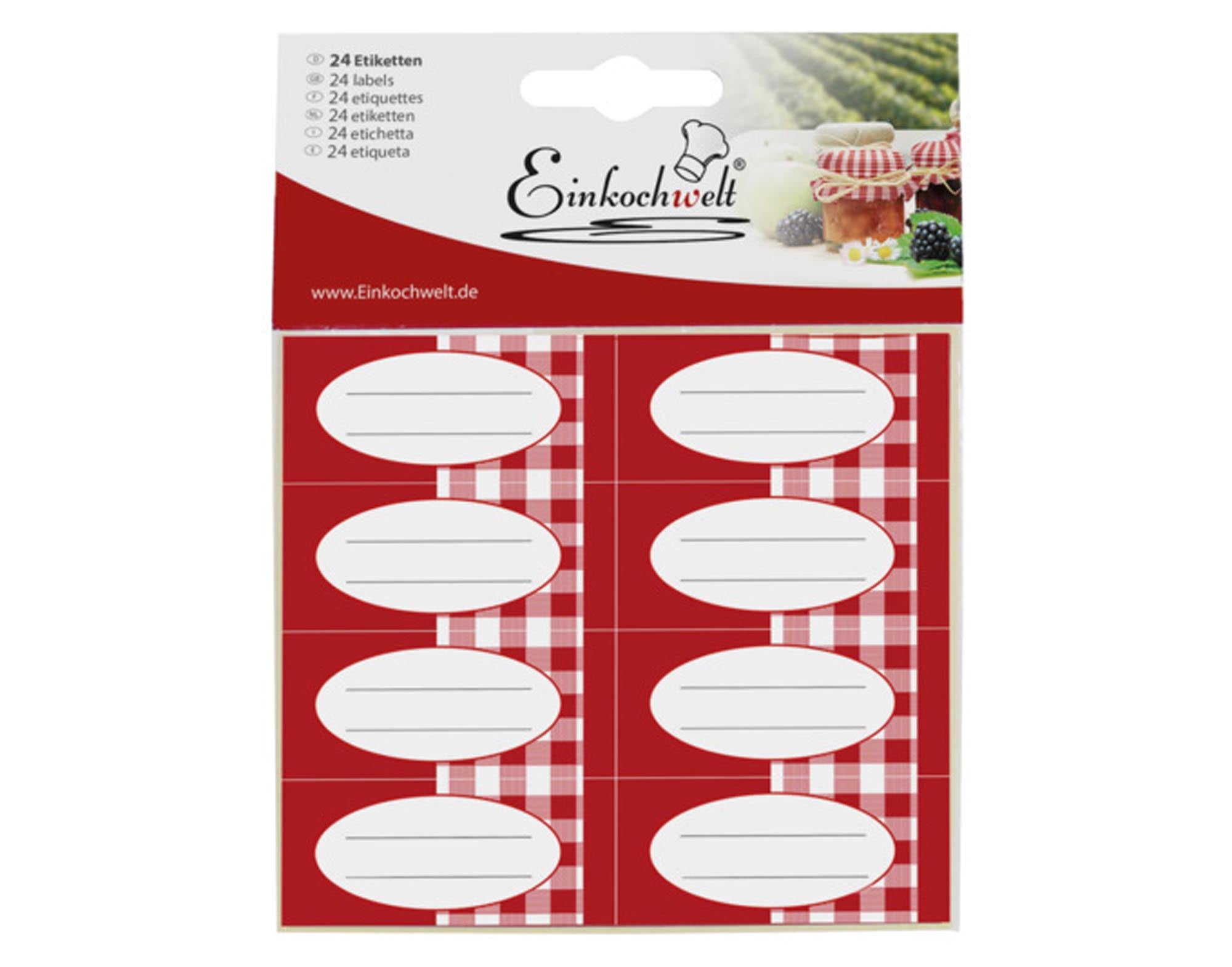 Entdecken Sie die EINKOCHWELT karrierten Etiketten für Einmachgläser. 24 wasserfeste, selbstklebende Etiketten für stilvolle Beschriftung und Organisation.