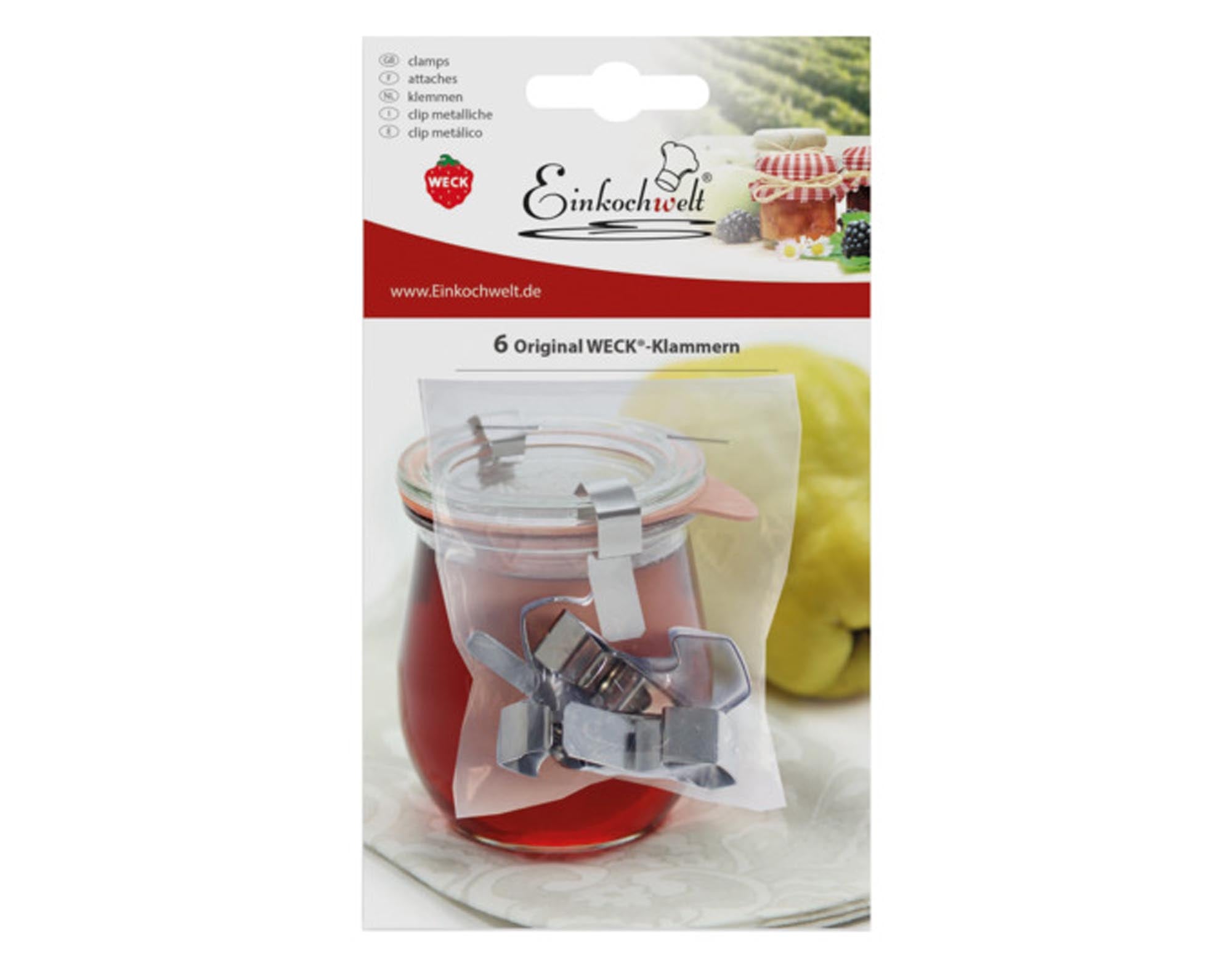 Entdecken Sie die WECK Klammern (6 Stück) aus hochwertigem Edelstahl – unverzichtbare Küchenhelfer für sicheres Einmachen und Konservieren von Lebensmitteln.