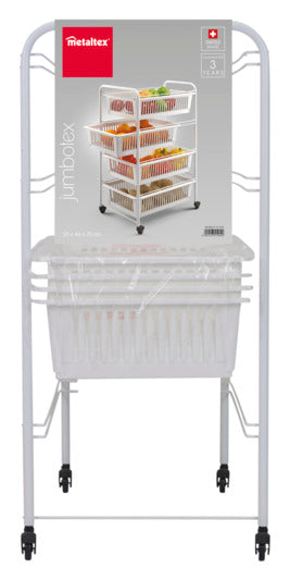 Entdecken Sie den METALTEX Gemüsewagen Jumbo in Weiß – die perfekte Lösung für platzsparende und stilvolle Lebensmittelorganisation in Ihrer Küche.
