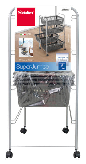 Entdecken Sie den silbergrauen METALTEX Gemüsewagen Jumbo – ideal für platzsparende Lagerung und stilvolle Organisation in Ihrer Küche.