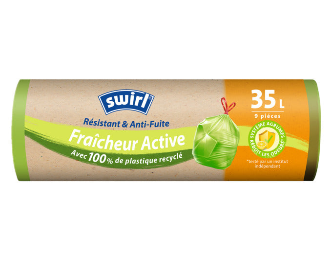 Entdecken Sie die SWIRL® Abfallsäcke Aktive Frische 35 l – reißfest, geruchsneutralisierend und aus 100% recyceltem Kunststoff für einen frischen Haushalt.