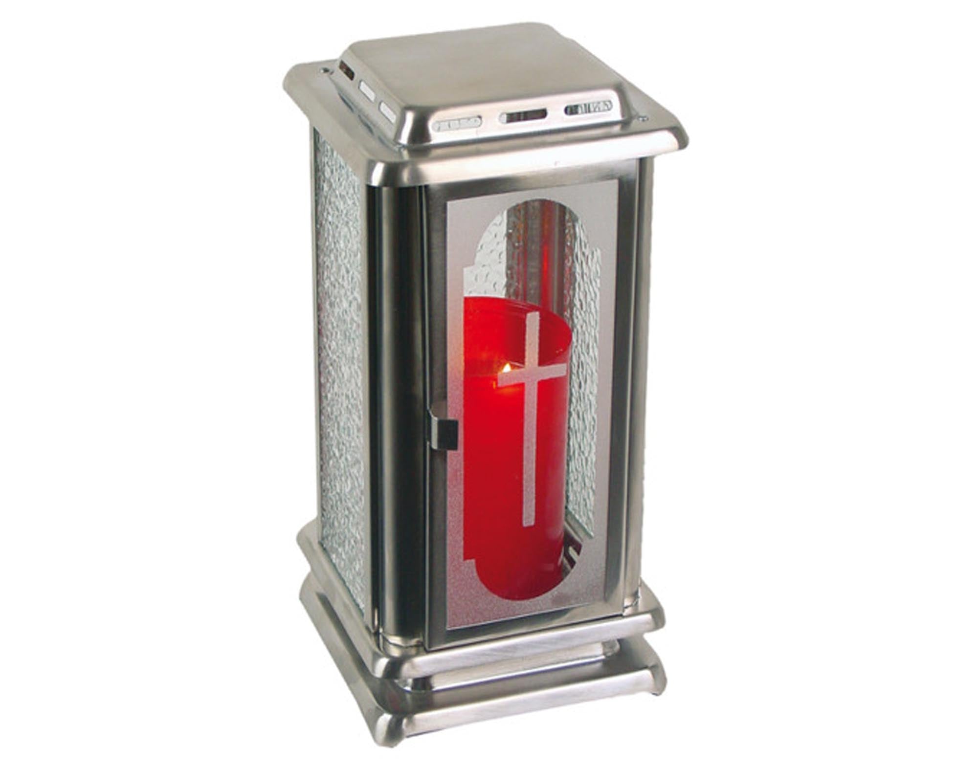 Elegante LIENBACHER Grablaterne mit Türe und Erdspiess aus Inox, 23.5 cm hoch. Wetterfest, pflegeleicht und stilvoll für jede Grabstätte.